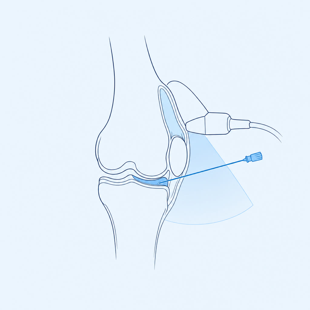 Ilustração científica do procedimento — Infiltração guiada por ultrassom